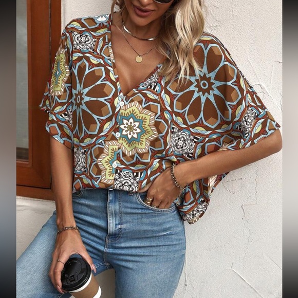 Boho floral print batwing sleeve blouse - Picture 5 of 6